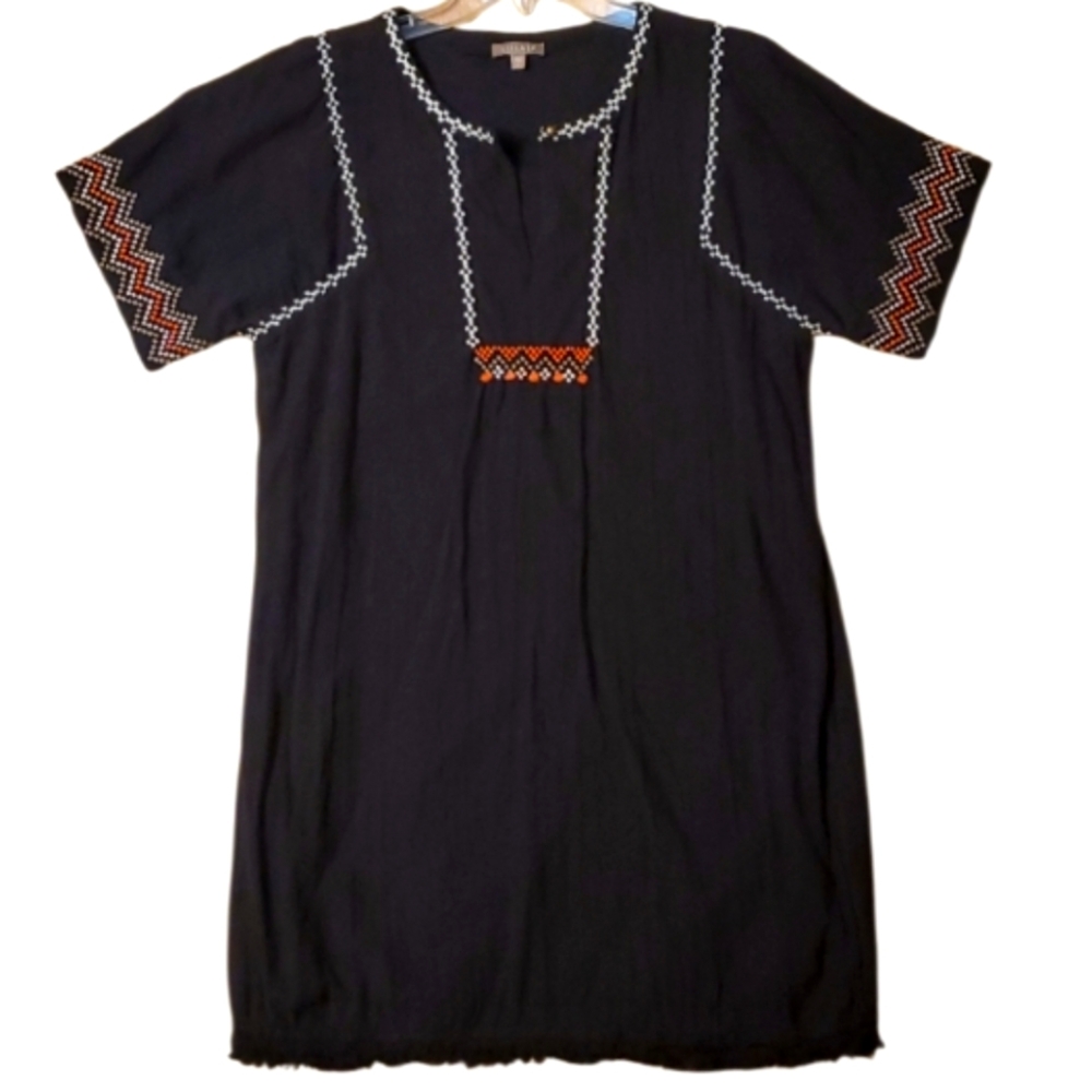 Lilla P Black Embroidered Short Sleeve Tunic Dress Size Large‎